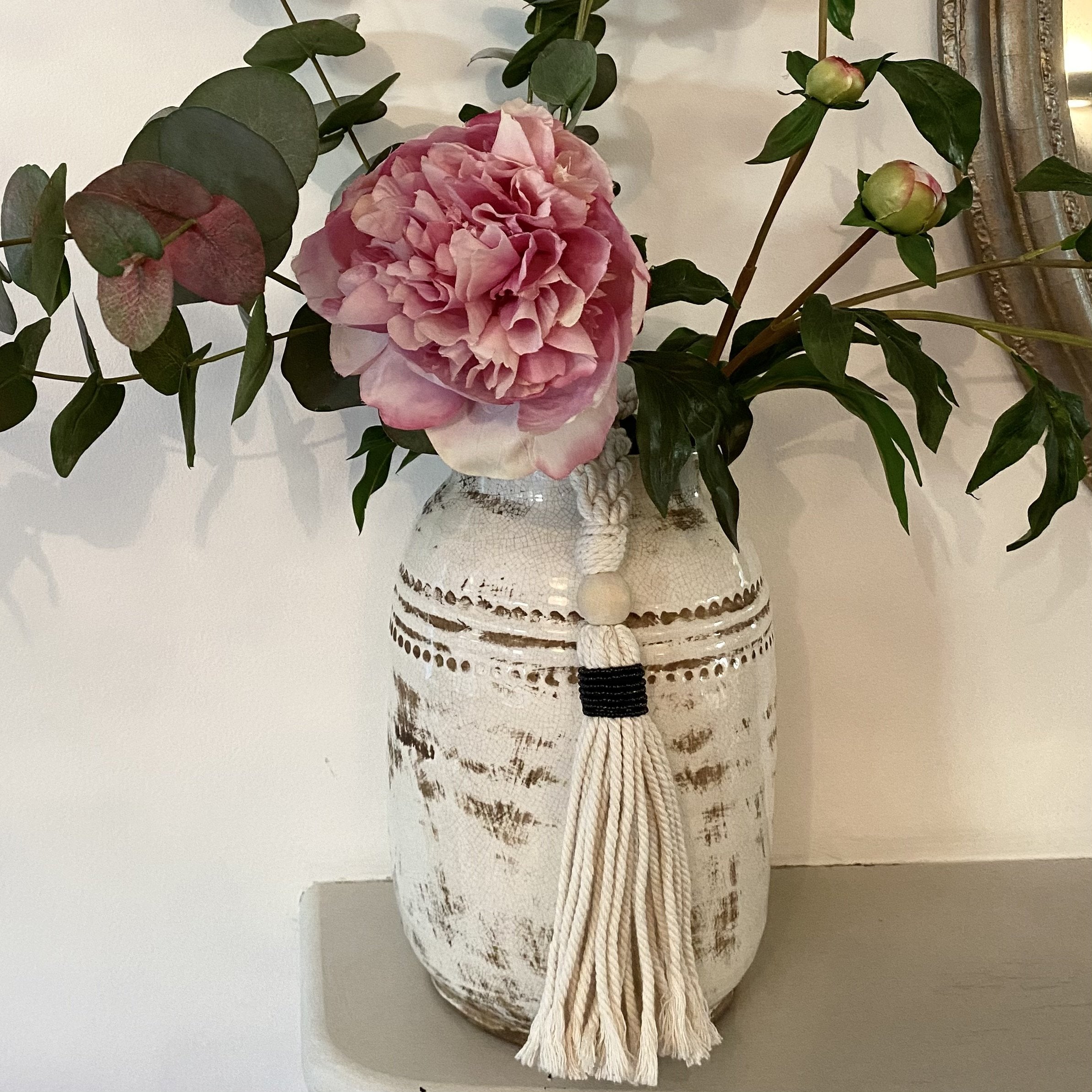 Decorative Tassels - Natural Cotton Macramé Tassel Wooden and Black Bead Curtain Tieback Wall Hanging 35cm - Tassel&Plume