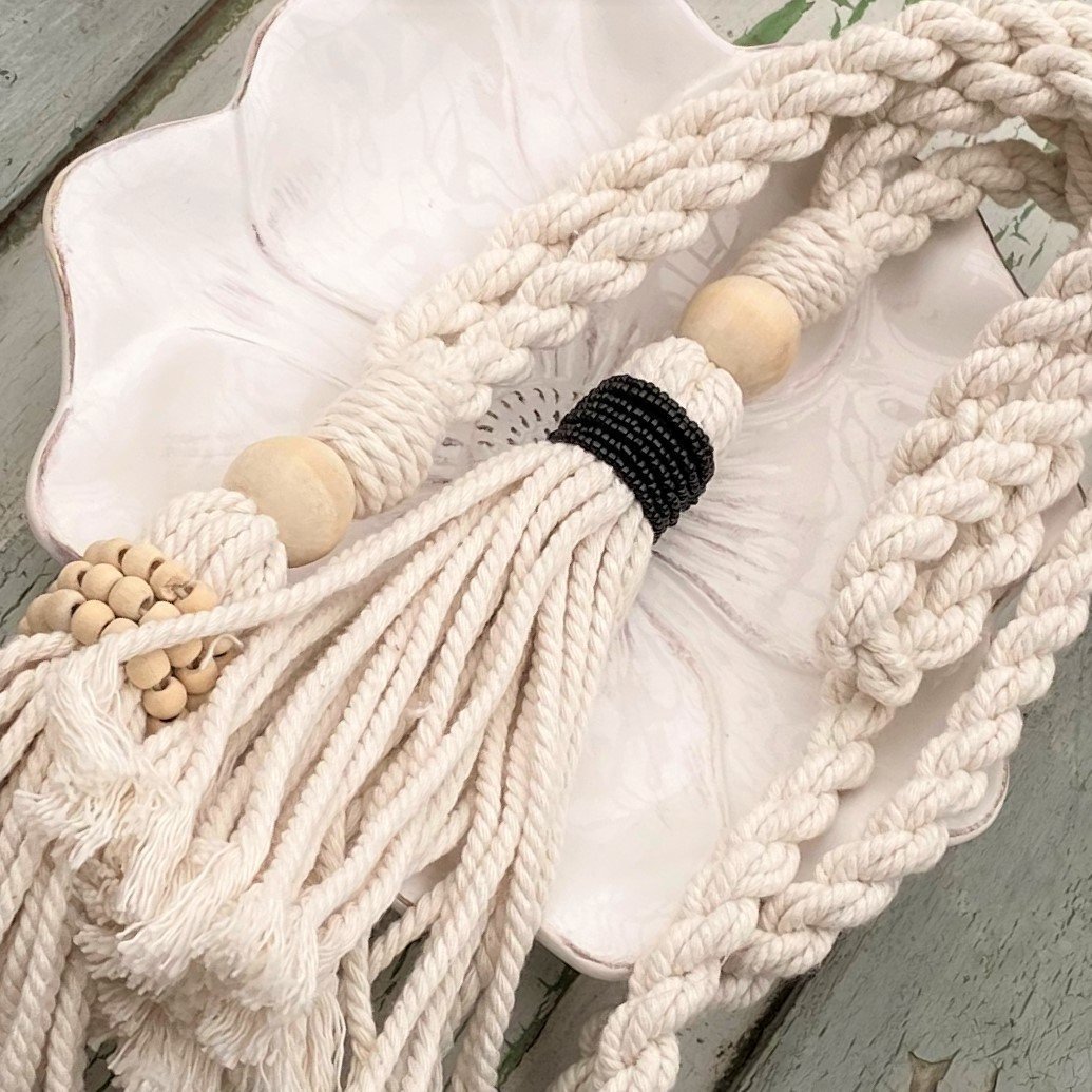 Decorative Tassels - Natural Cotton Macramé Tassel Wooden and Black Bead Curtain Tieback Wall Hanging 35cm - Tassel&Plume