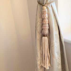 Decorative Macrame Natural Shell Tassels - Natural Cotton Shell Tassel Wooden Bead Curtain Tieback Wall Hanging 35cm - Tassel&Plume