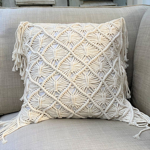 Natural Cotton Macramé Cushion Cover Fringe Bohemian 45cm - Tassel & Plume