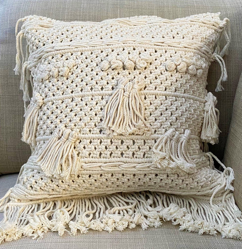 Natural Cotton Macramé Cushion Cover Tassels Fringe Bohemian 45cm - Tassel&Plume