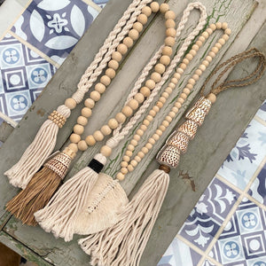 Decorative Macrame Shell & Wooden Bead Tassels - Natural Cotton Shell and Wooden Bead Tassel Curtain Tieback Wall Hanging 35cm - Tassel&Plume