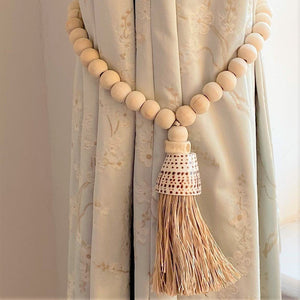Decorative Macrame Shell & Wooden Bead Tassels- Natural Cotton Shell and Wooden Bead Tassel Curtain Tieback Wall Hanging 35cm - Tassel&Plume