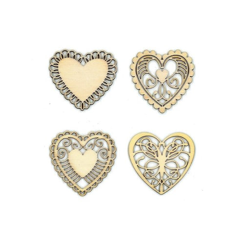 Wooden Heart Embellishments Laser Cut Shapes 4 Designs 3cm Box of 20