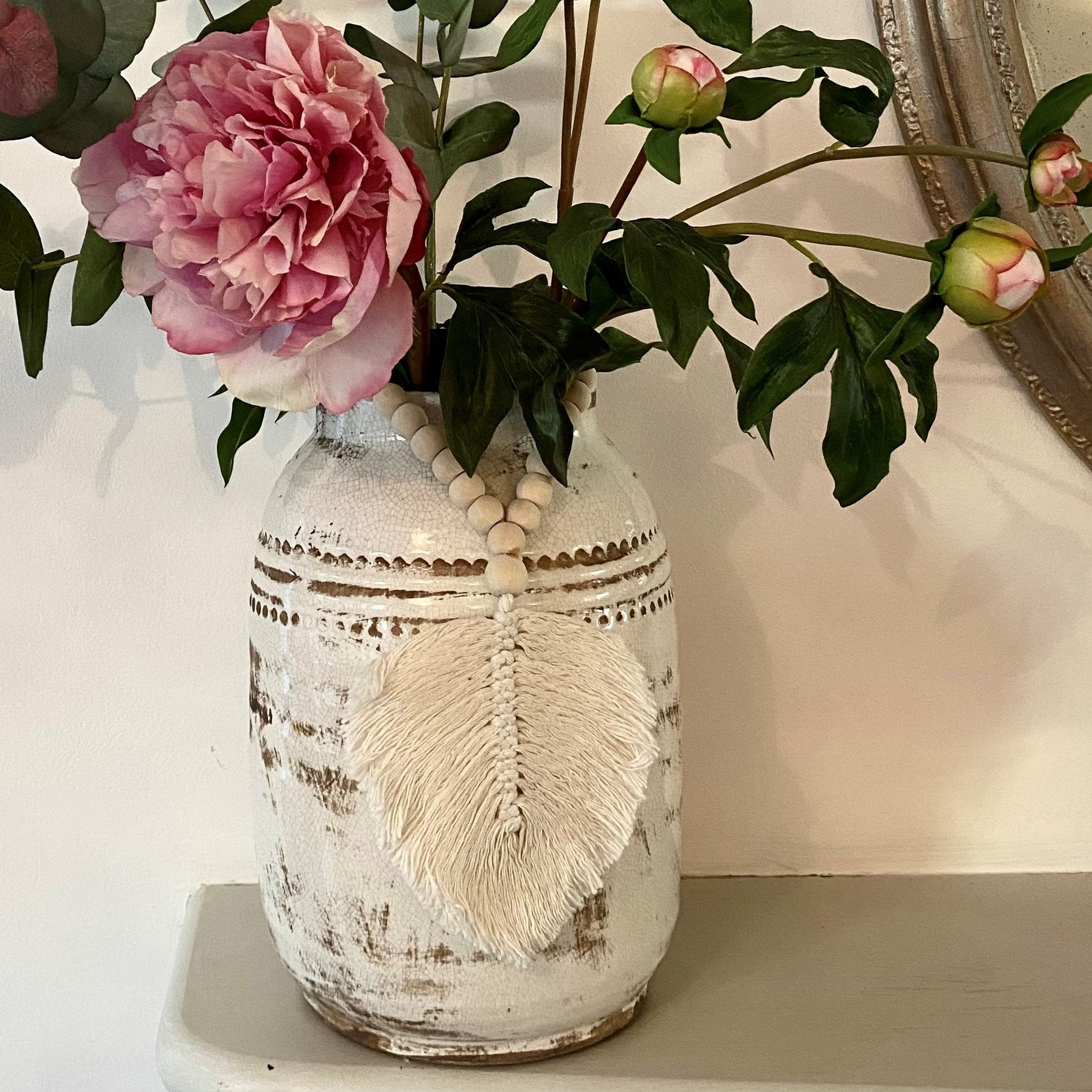 Decorative Macrame Feather Tassels- Natural Cotton Macramé Leaf Tassels Wooden Bead Curtain Tieback Wall Hanging 35cm - Tassel&Plume