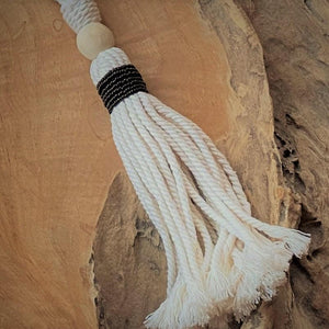 Decorative Tassels - Natural Cotton Macramé Tassel Wooden and Black Bead Curtain Tieback Wall Hanging 35cm - Tassel&Plume