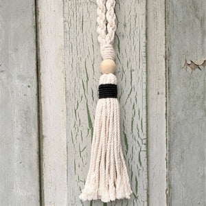 Decorative Tassels - Natural Cotton Macramé Tassel Wooden and Black Bead Curtain Tieback Wall Hanging 35cm - Tassel&Plume