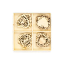 Load image into Gallery viewer, Wooden Heart Embellishments Laser Cut Shapes 4 Designs 3cm Box of 20
